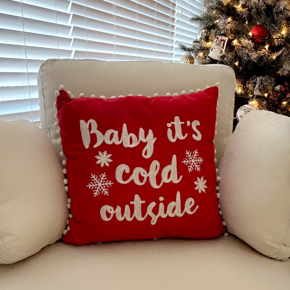 Festive Red Holiday Pillow with White Text